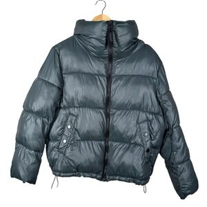 HUDSON Cropped Puffer Jacket‎ Zip Mock Neck Quilted Dark Blue/Green Women's S